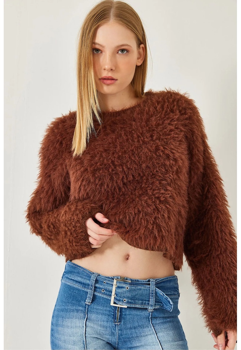 Pulover dama -  texturat - guler rotund - detalii plusate - maro scortisoara - tricot -