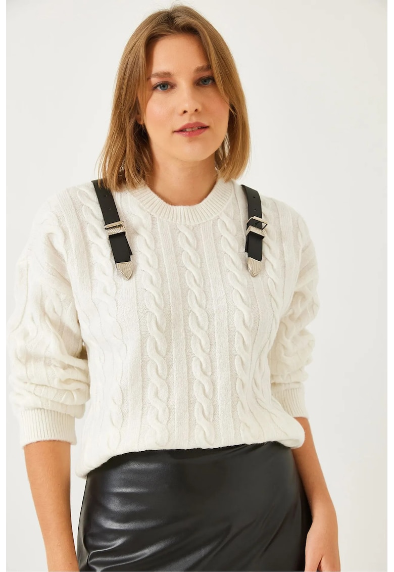 Pulover tricotat  bej - inchidere cu nod - texturat -