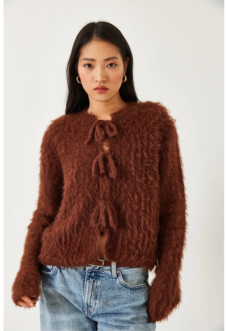 Pulover dama -  cardigan tricotat cu volanase - scurt - maro - tricot -