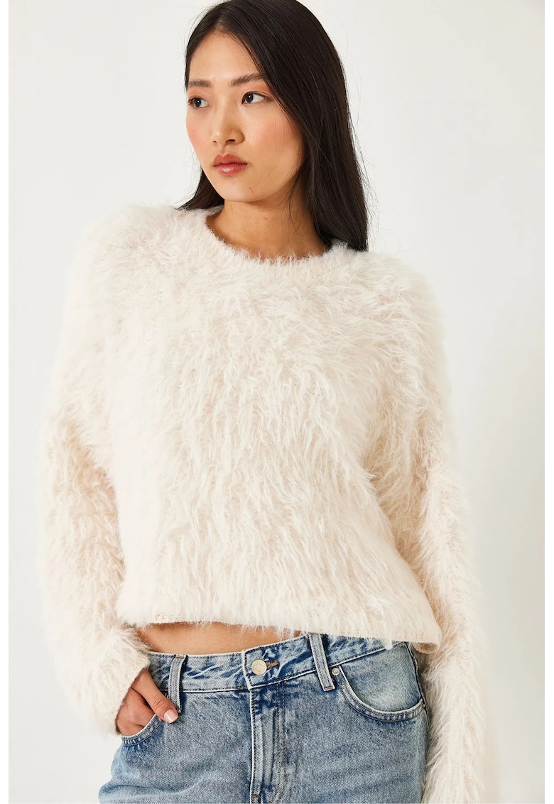 Pulover dama - crop - detalii de plus - alb-galbui - tricot -