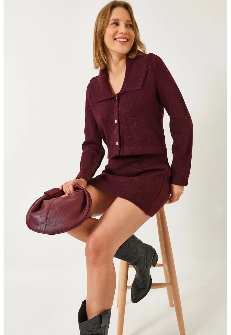 Set tricotat -  cardigan cu guler sal si fusta asortata - visiniu - material acrilic si poliester -