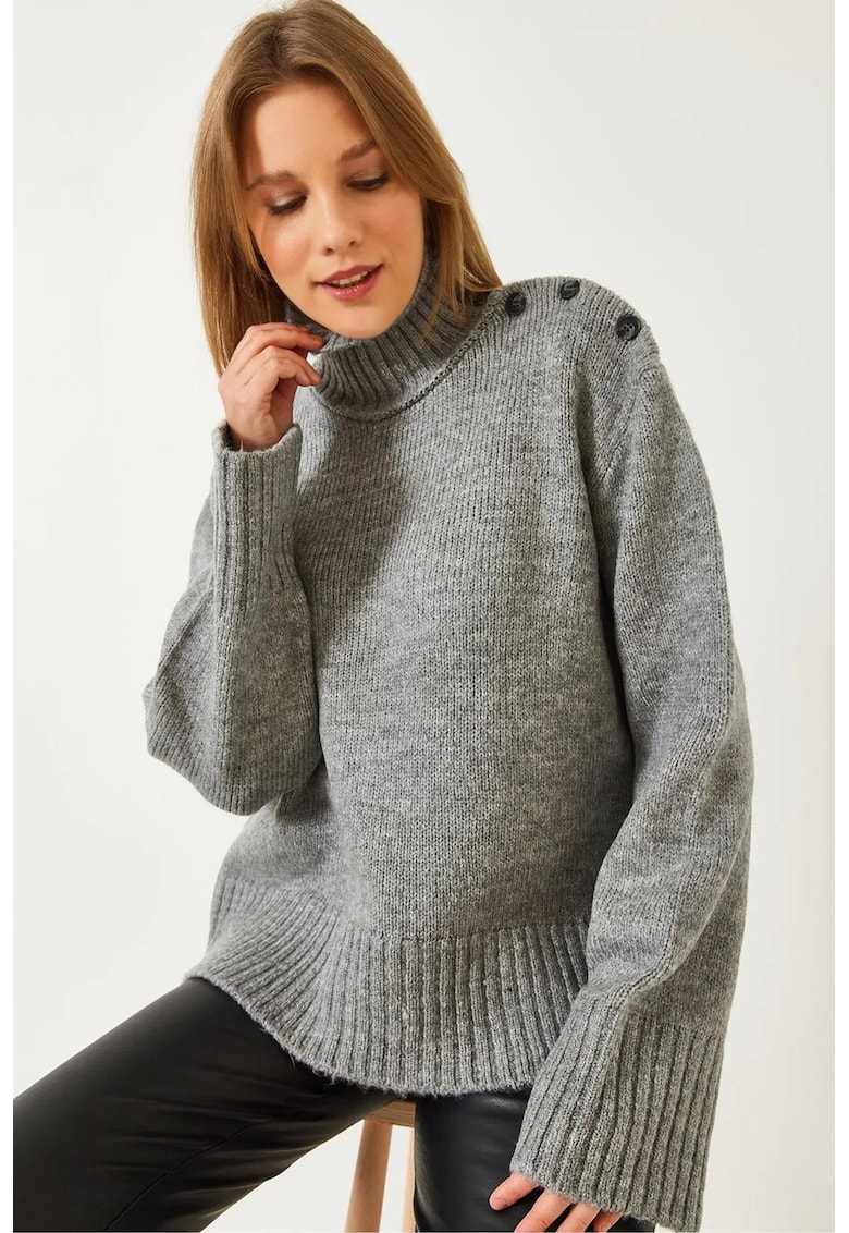 Pulover dama -  guler inalt - supradimensionat - gri - tricot -