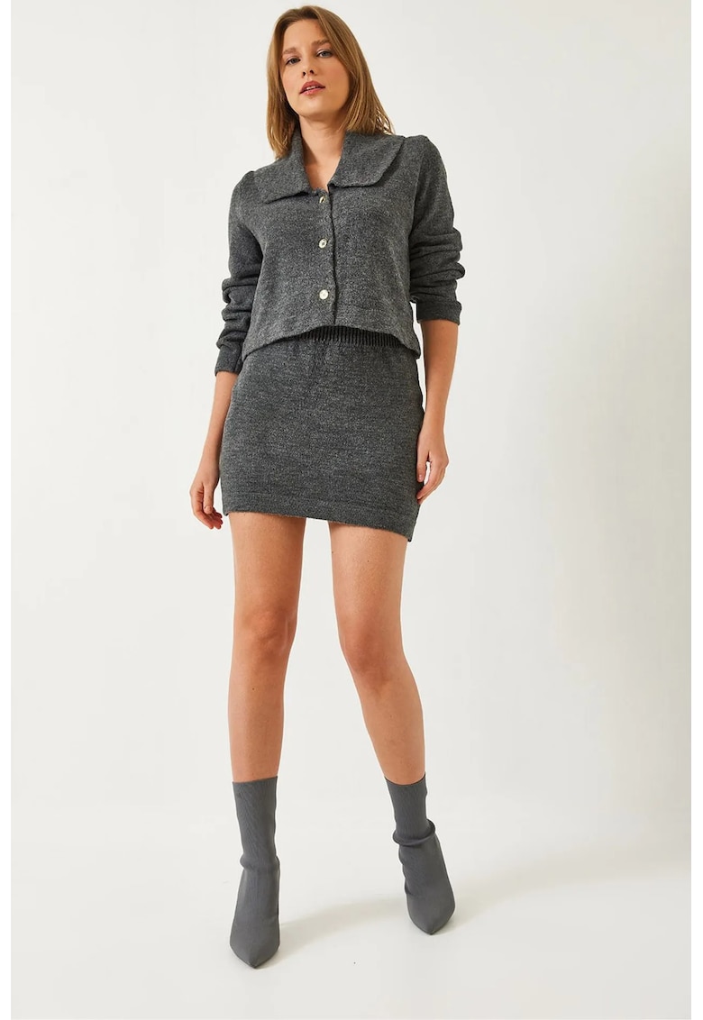 Set tricotat  cardigan cu guler sal si fusta asortata - gri inchis - material acrilic si poliester -