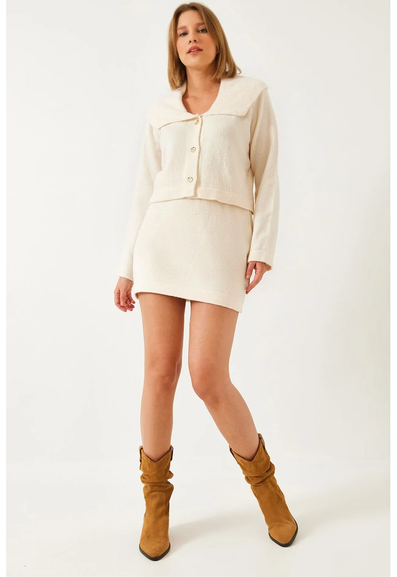 Rochie Set Coordonat tricot - guler sal cu nasturi - alb - tricot -