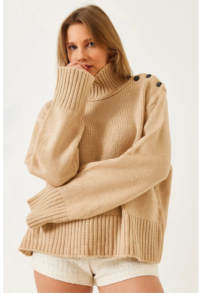 Pulover dama -  guler inalt - supradimensionat - bej - tricot -