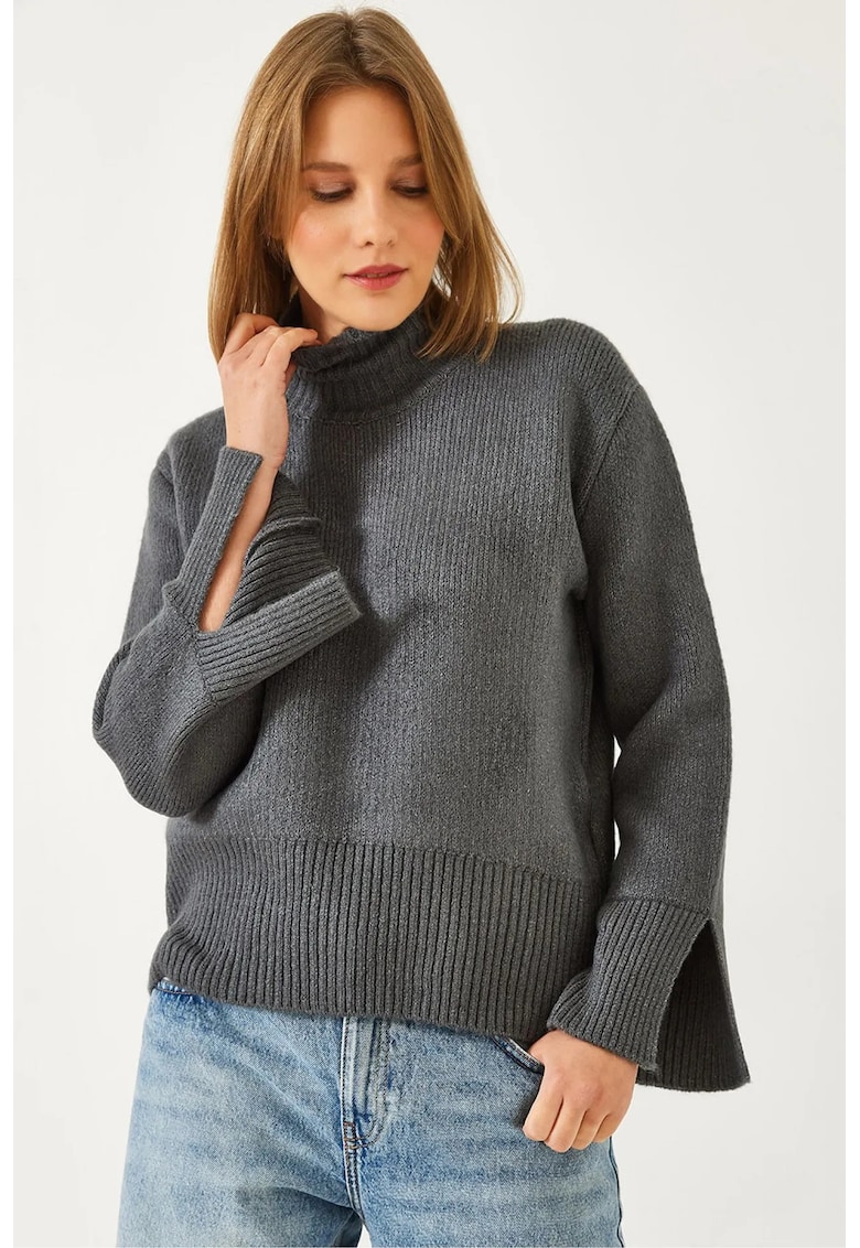 Pulover dama -  cu guler inalt - croiala lejera - gri - tricot -