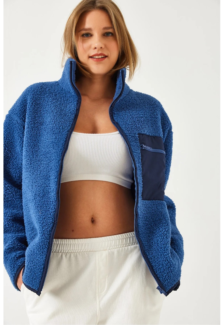 Geaca dama - blana artificiala - cu fermoar - albastru