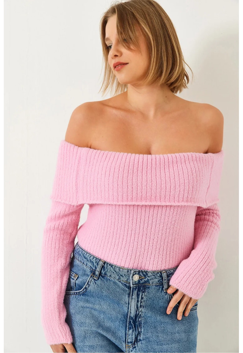 Pulover tricotat - cu dungi - roz aprins - acril -