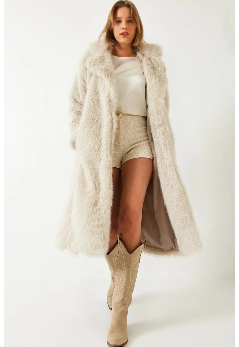 Palton lung cu gluga din blana artificiala - bej natural - material fleece