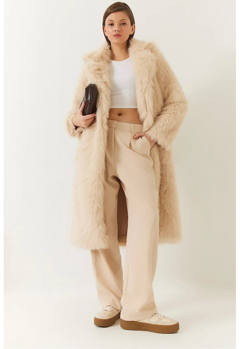 Palton lung -  Blana artificiala - Bej