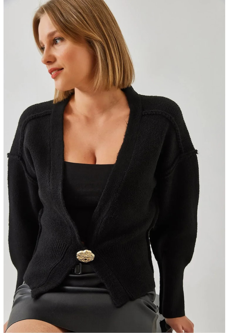 Pulover dama -  cardigan cu nasturi si decolteu in V - negru - tricot -