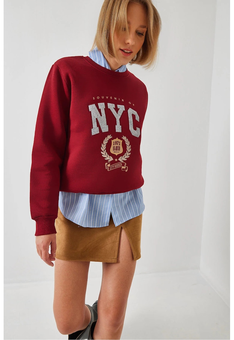 Hanorac dama - brodat - guler rotund - visiniu - bumbac