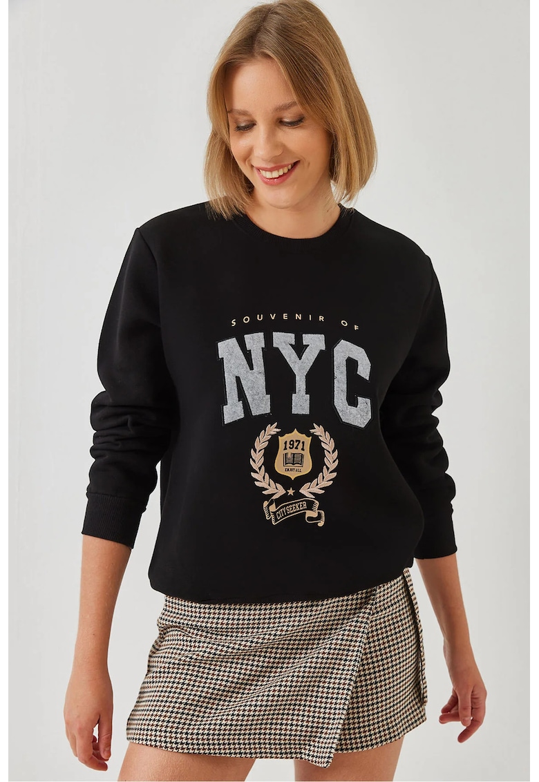 Hanorac dama - bumbac - guler rotund - brodat - negru