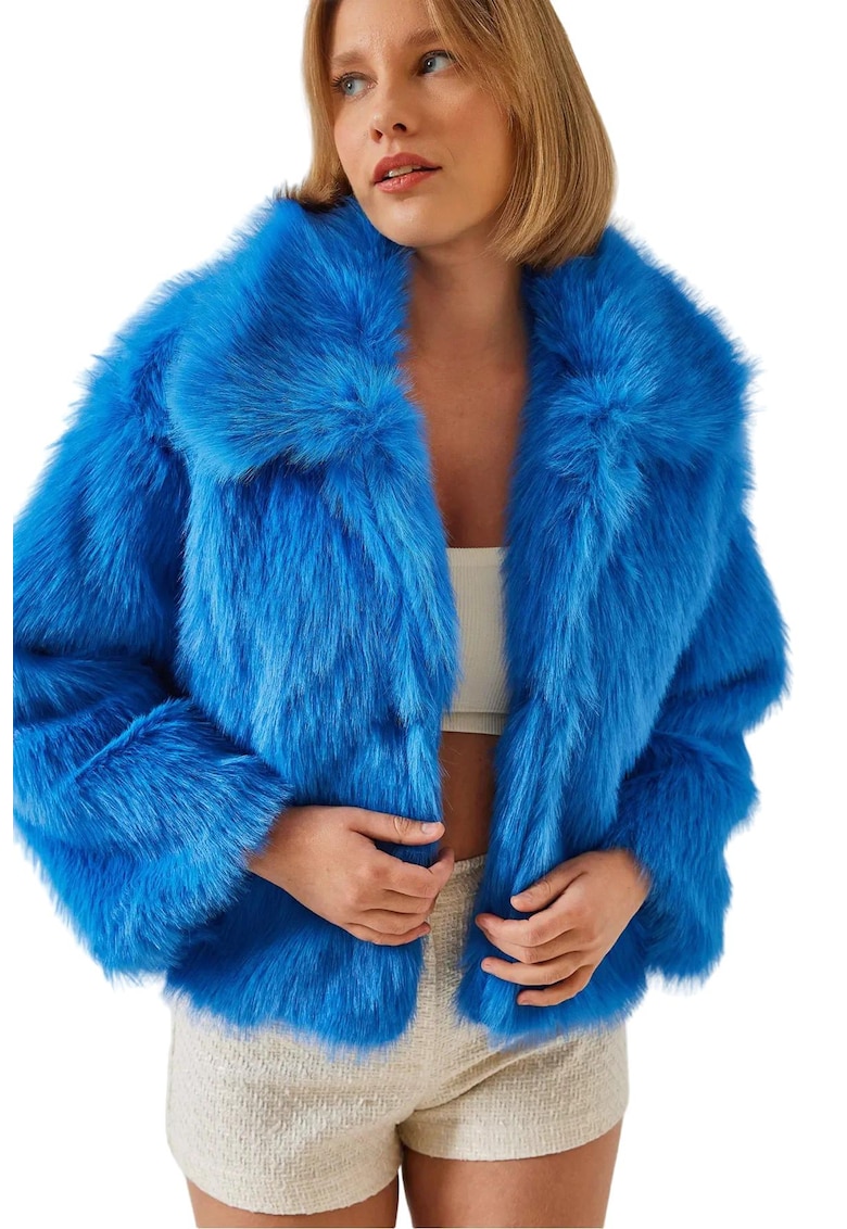 Palton scurt -  Blana artificiala - Indigo blue