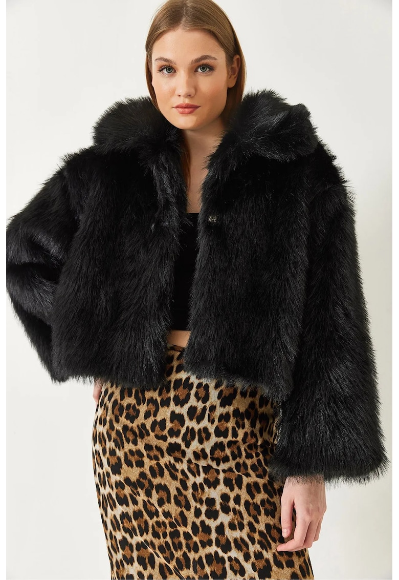 Palton dama - guler si captuseala din blana artificiala - negru - fleece