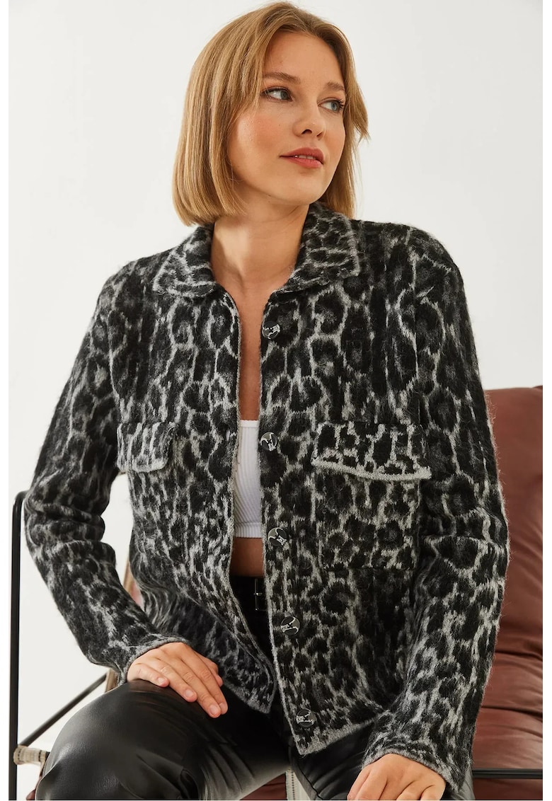 Pulover dama -  cardigan tricotat cu imprimeu leopard - maneci lungi - negru - tricot -