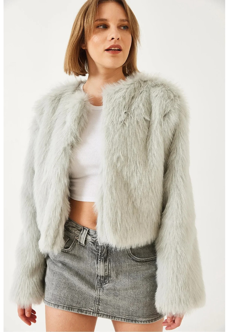 Geaca dama - Blana artificiala - Gri deschis