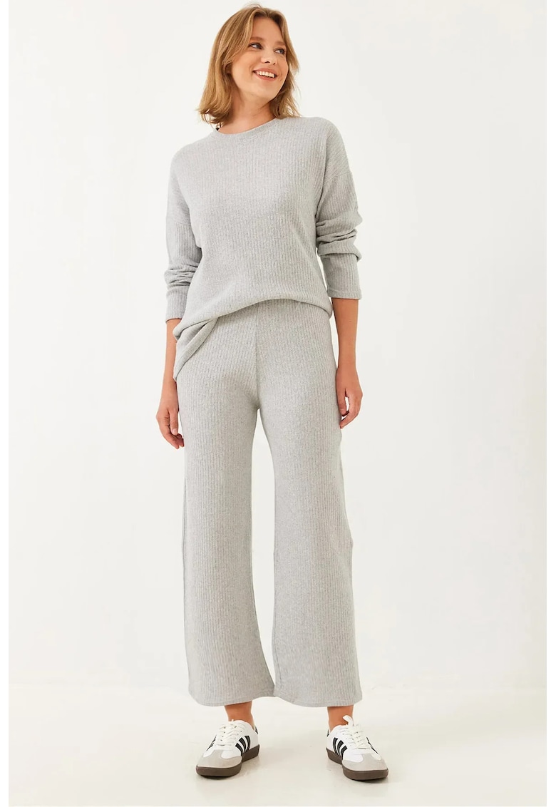 Set pulover lung si pantaloni  guler rotund - texturat - gri - bumbac si lycra