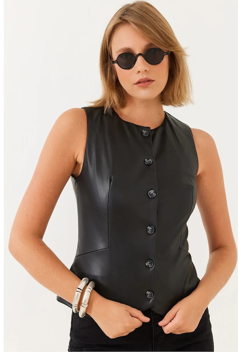 Vesta din piele ecologica dama -  inchidere cu nasturi - negru