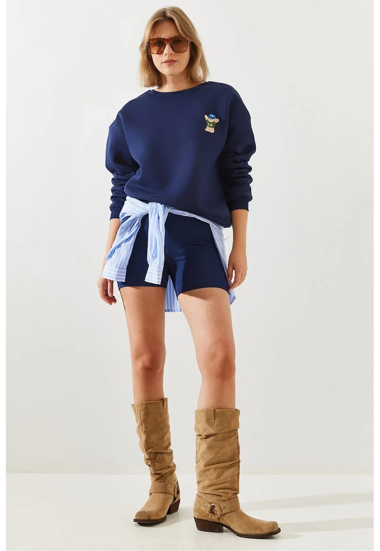 Hanorac dama -  guler rotund - brodat - bleumarin - bumbac