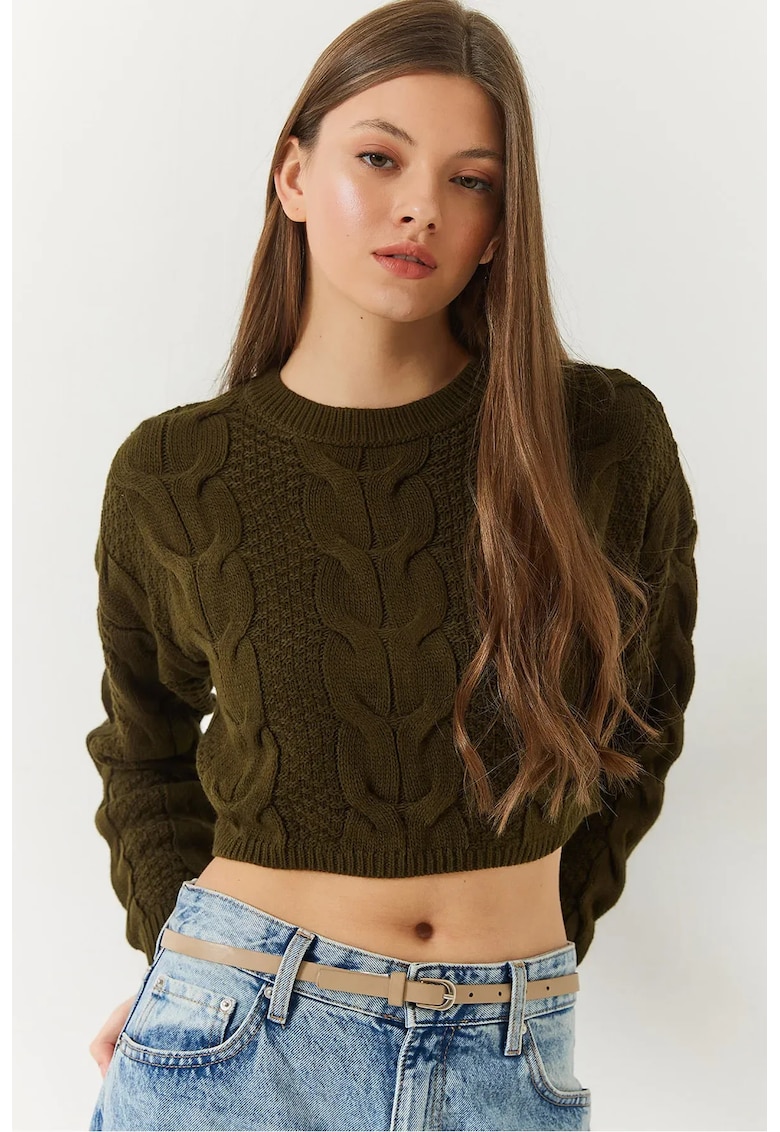 Pulover dama -  scurt - texturat cu nervuri - verde - tricot -