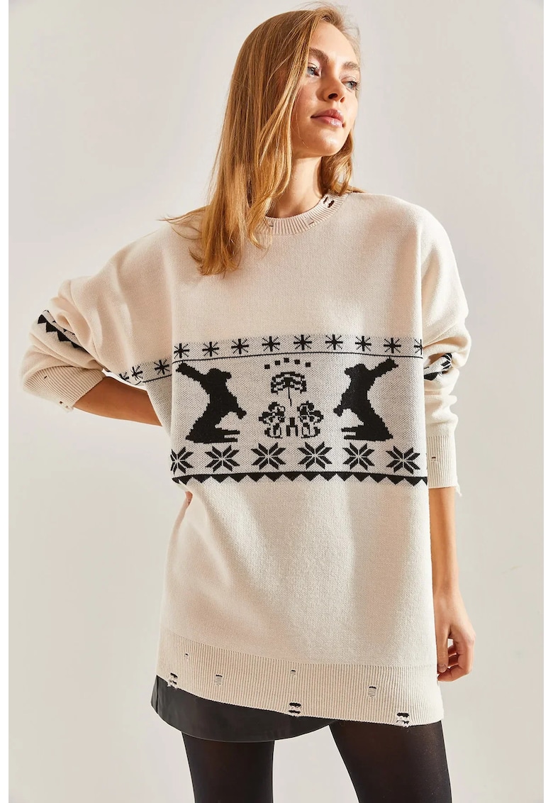 Pulover tricotat lung -  supradimensionat - bej - tricot -