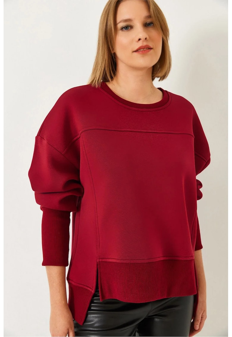 Hanorac dama -  tricotat - guler rotund - supradimensionat - visiniu - bumbac