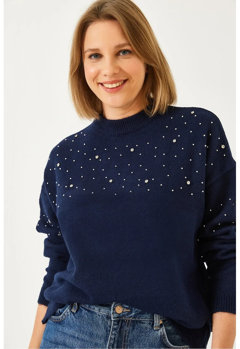 Pulover dama -  brodat - texturat - bleumarin - tricot -