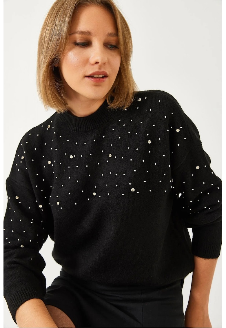 Pulover dama -  brodat texturat - negru - tricot -