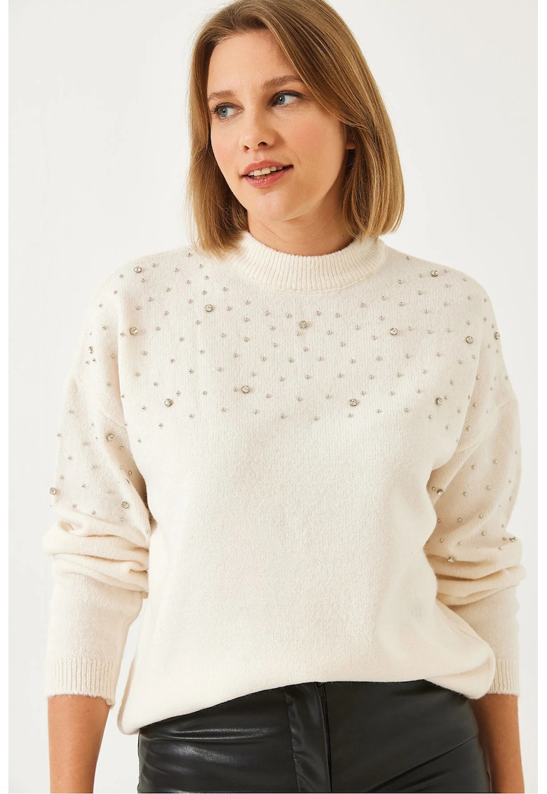 Pulover dama -  guler rotund - brodat texturat - bej - tricot -