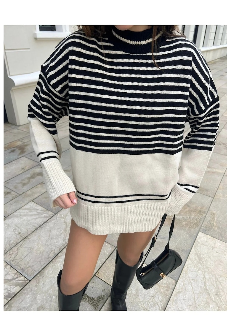 Pulover dama -  cu guler rotund - dungi - negru - acrilic -