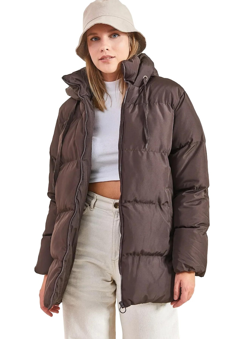 Geaca dama gros cu puf - gluga - maro scortisoara - textil