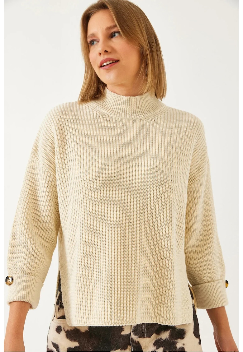Pulover dama -  texturat tricotat - guler inalt - inchidere cu nasturi - bej - tricot -