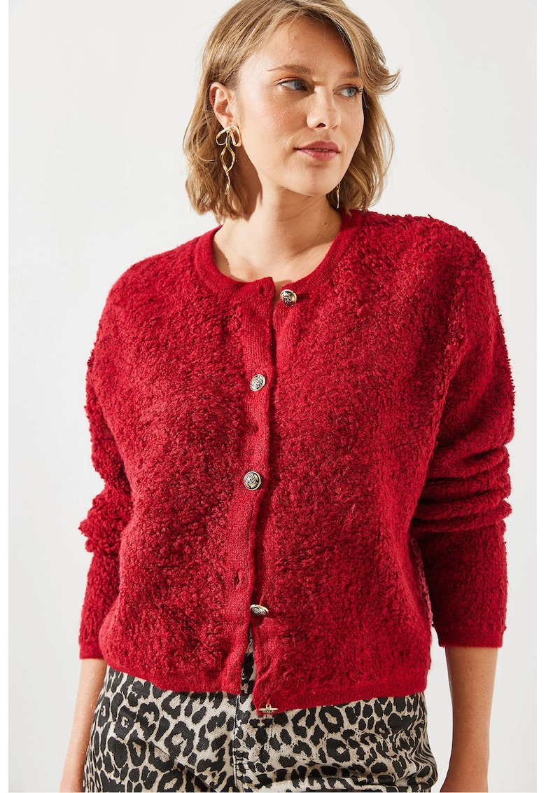 Cardigan tricotat  texturat - cu inchidere cu nasturi - visiniu - material acrilic-poliester-polibutilena -