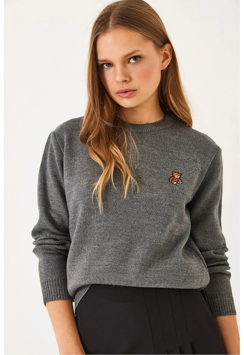 Pulover dama -  guler rotund brodat - gri inchis - tricot -