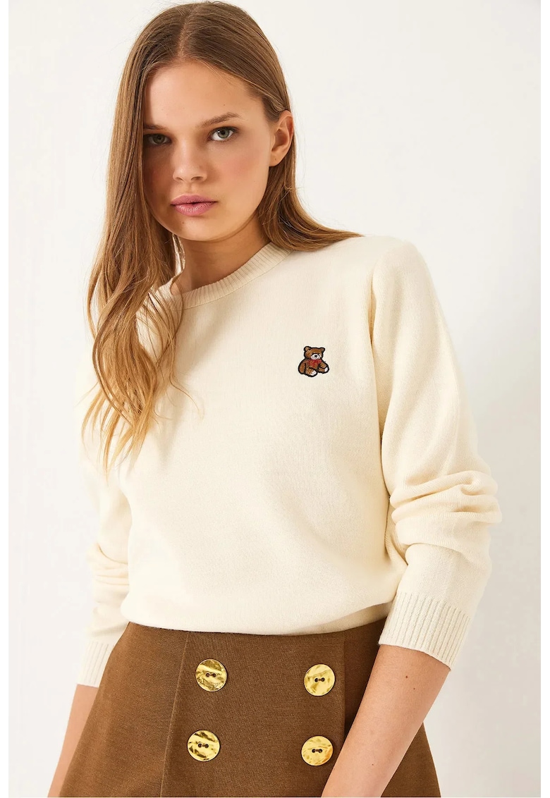 Pulover dama -  guler rotund brodat - bej - tricot -