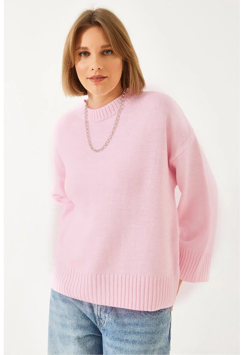 Pulover dama -  supradimensionat - guler rotund - roz aprins - acril -