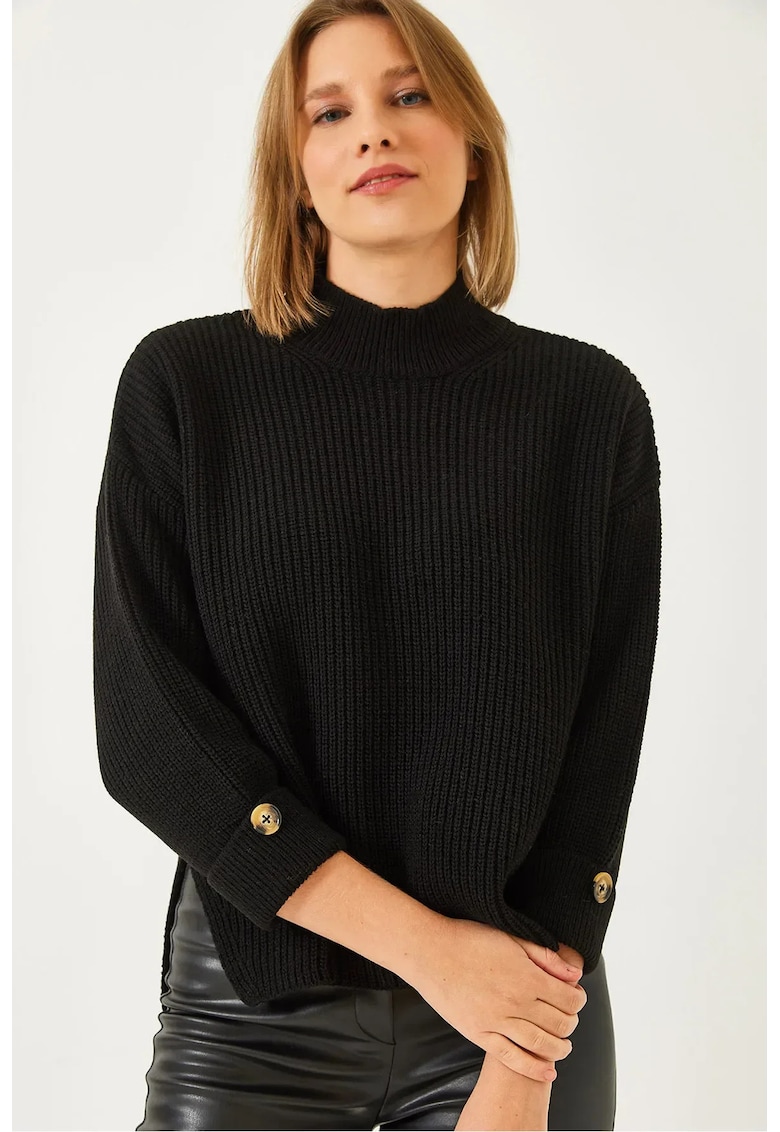 Pulover dama -  texturat - guler inalt - inchidere cu nasturi - negru - tricot -