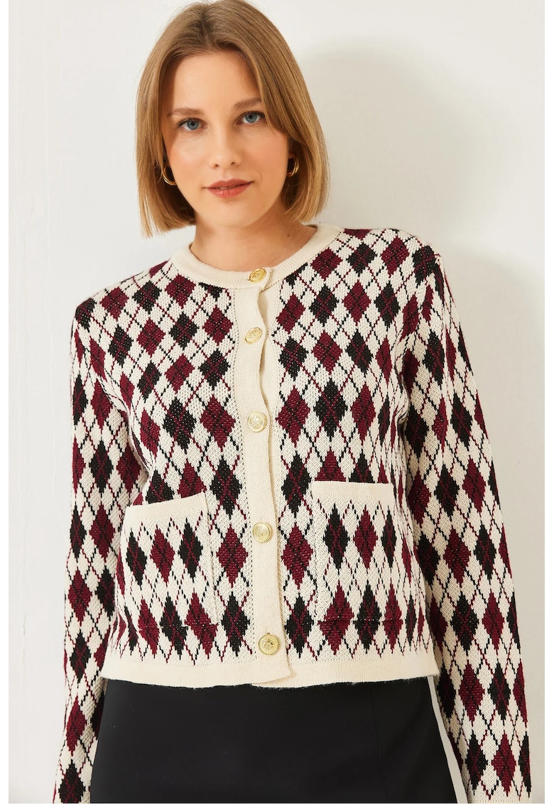 Pulover dama - cardigan tricotat jacquard buzunare
