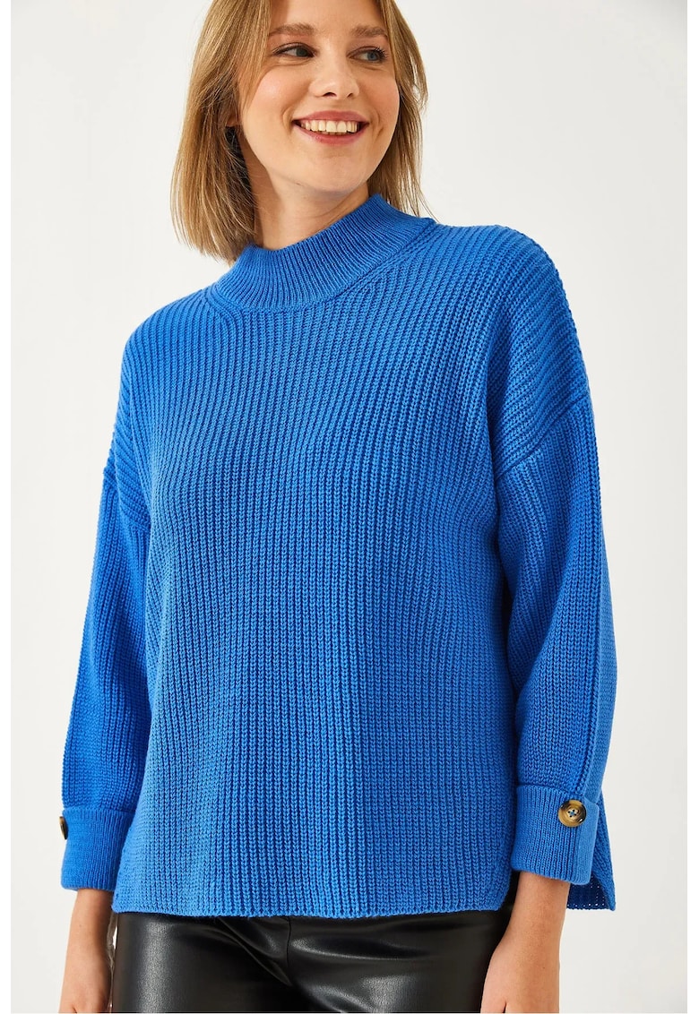 Pulover dama -  texturat tricotat - guler inalt - inchidere cu nasturi - albastru - acril -