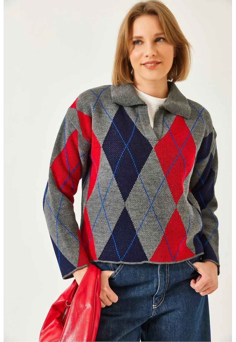 Pulover tricotat -  guler polo - model geometric - multicolor - tricot -
