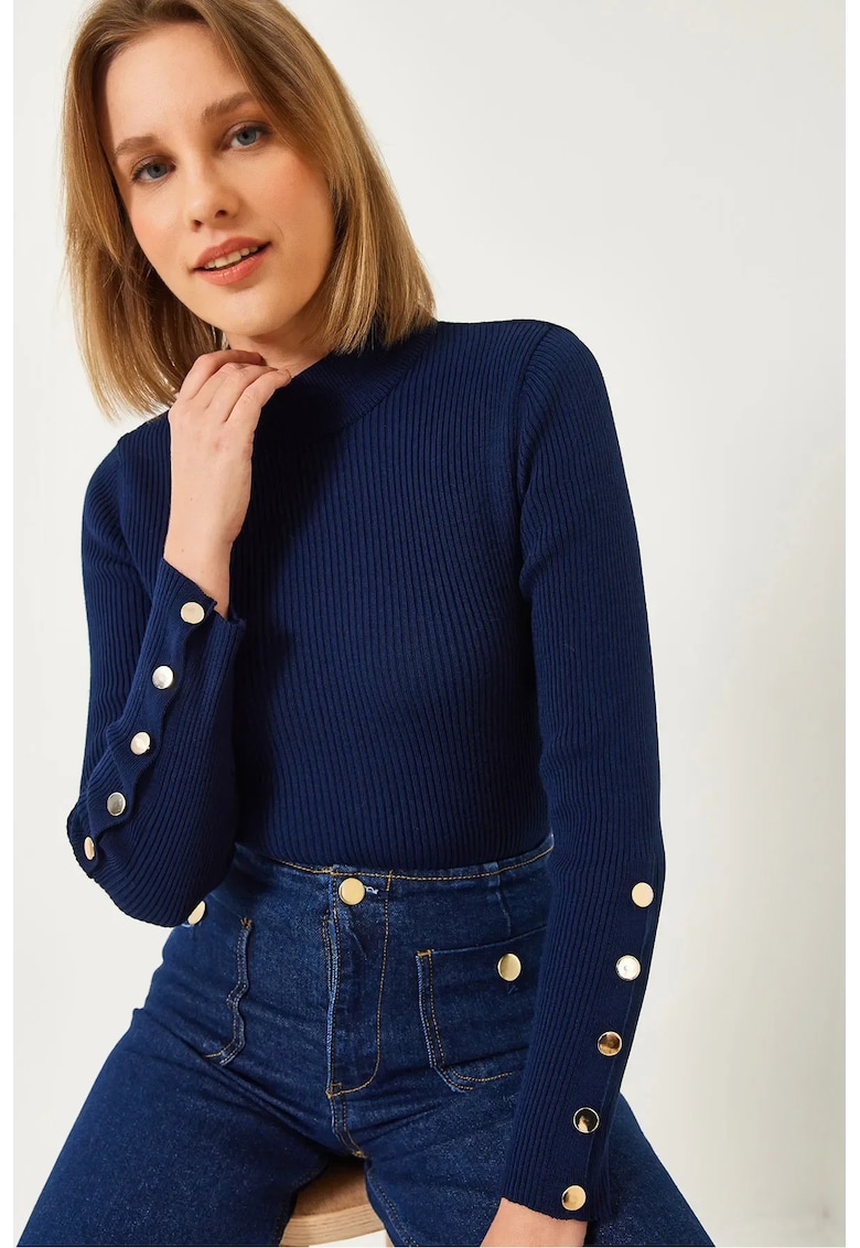 Pulover dama -  tricotat - guler inalt - bleumarin -