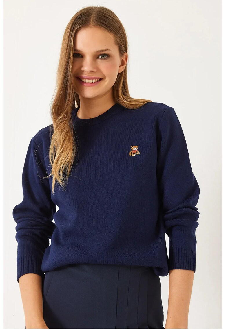 Pulover dama - guler rotund brodat - bleumarin - tricot -