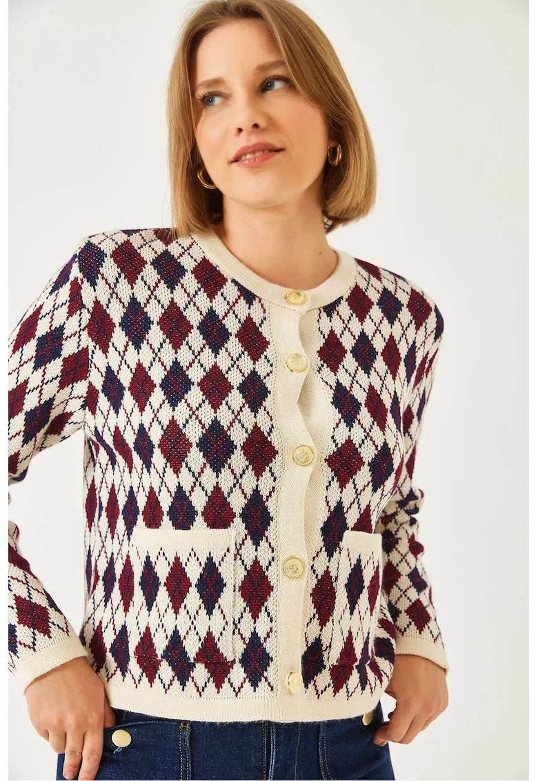 Pulover dama -  cardigan tricotat Jacquard - cu buzunare - multicolor - tricot -