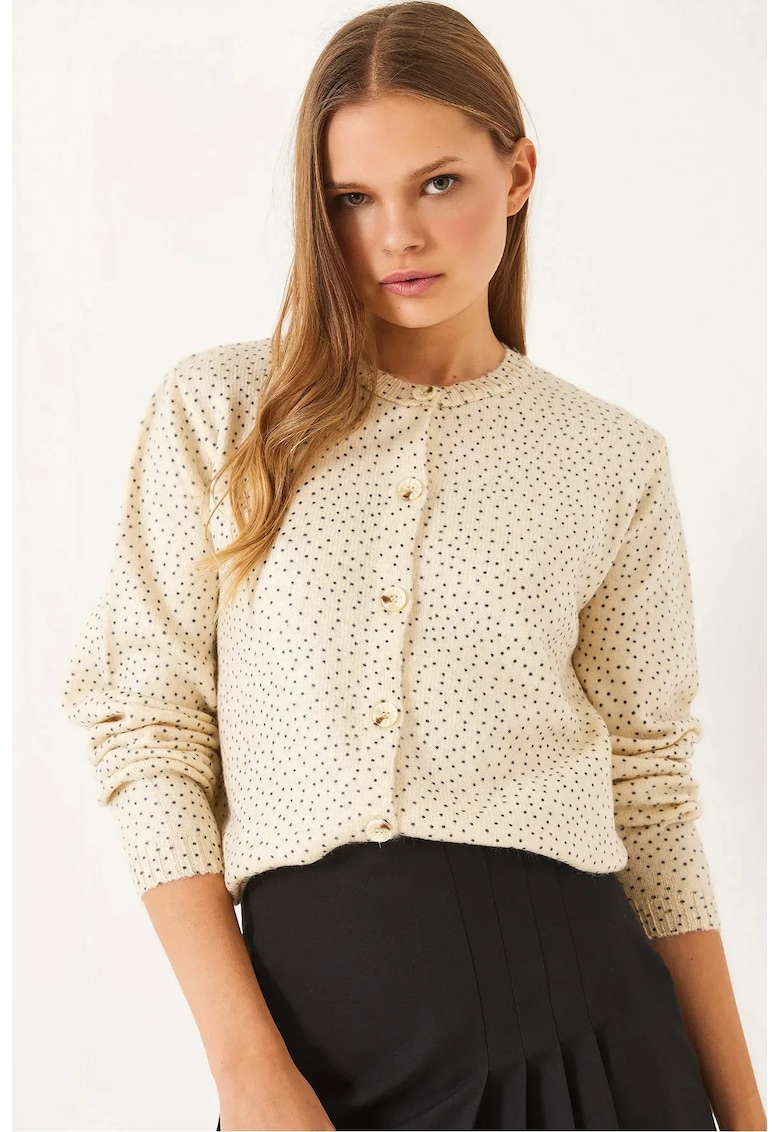 Cardigan tricotat jacquard cu buline -  bej - amestec bumbac-poliester-viscoza -