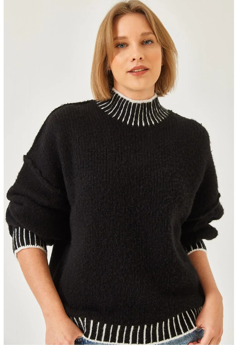 Pulover dama guler inalt - croiala lejera - negru - tricot -