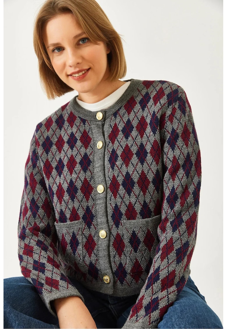 Pulover dama -  cardigan tricotat Jacquard - cu buzunare - multicolor - tricot -