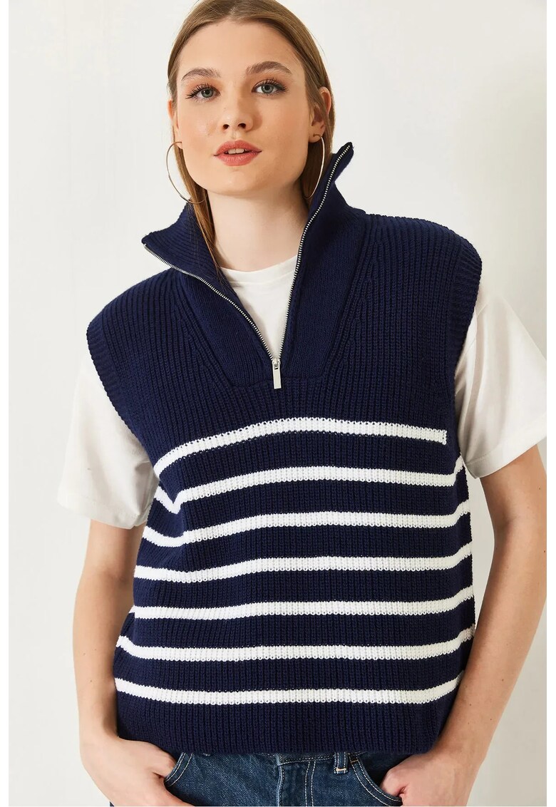 Pulover tricotat cu dungi guler cu fermoar - bleumarin - tricot -