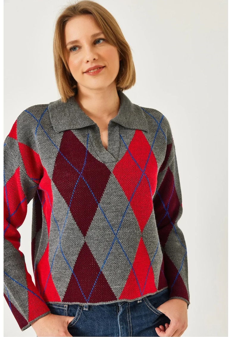 Pulover tricotat -  guler polo - model geometric - multicolor - tricot -