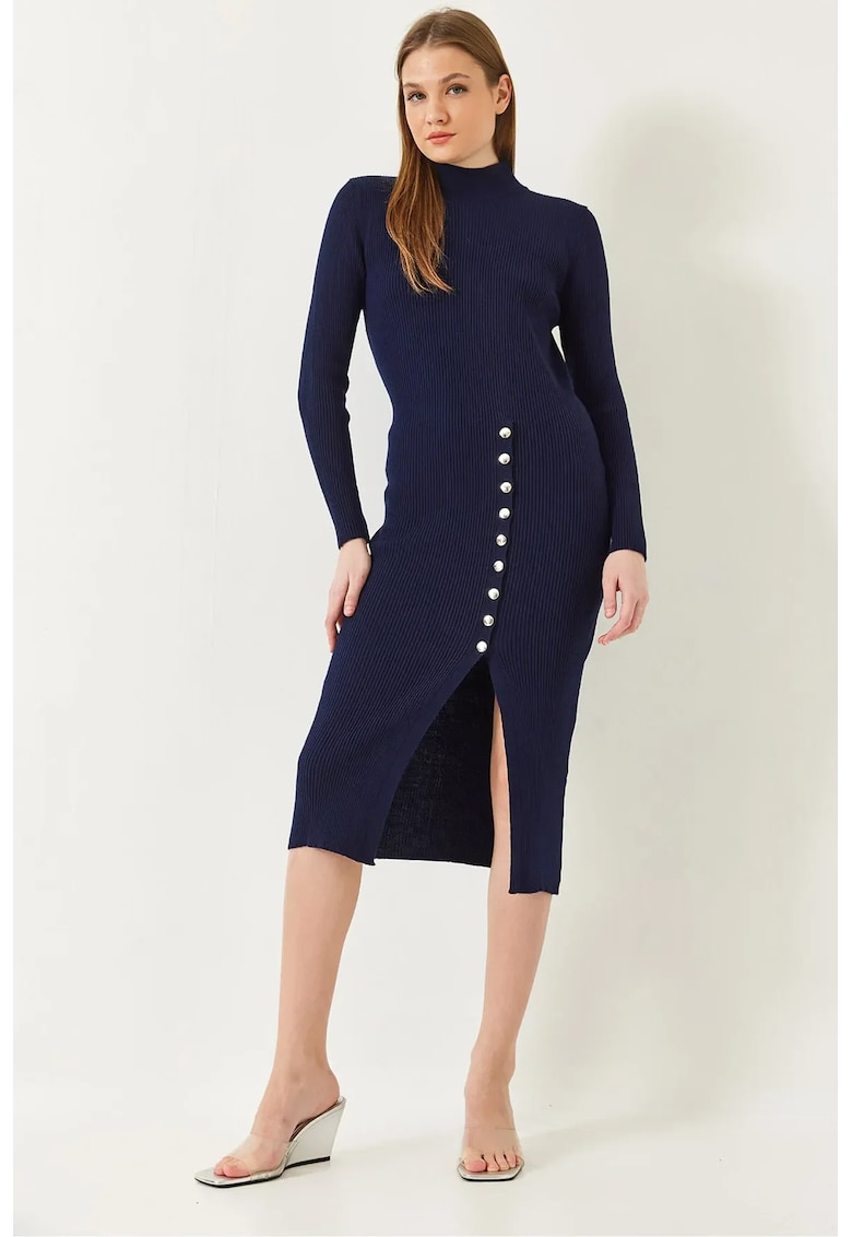 Rochie midi - tricotata - guler inalt - bleumarin - tricot -